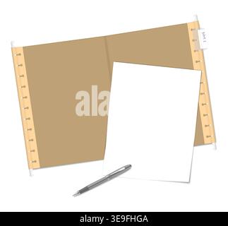 Öffnen Sie die Hängemappe mit Kunststofflasche und Etiketteneinsatz, Papierbogen und Stift, Vektorillustration. Bürobedarf. Vektormodell Stock Vektor