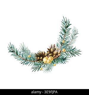 Weihnachtsdekoration in Aquarellen mit Fichtenzweigen, Tannenzapfen und Goldperlen. Festliche Winterkomposition handgemalt isolierte Illustration für Stockfoto