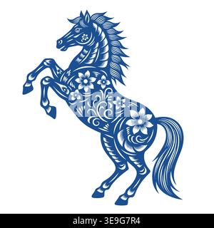 Blaue Silhouette Des Aufziehenden Pferdes Mit Blumenmuster. Traditionelle Volkskunst Papier geschnittene Art Vektor-Illustration für dekoratives Design. Stock Vektor