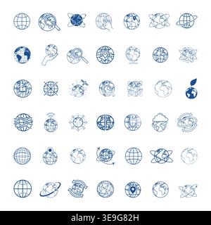 Umfangreiches Blue Globe und Earth Line Art Icon Set für globale Netzwerk-, Reise- und Technologie-Vektor-Designs Stock Vektor