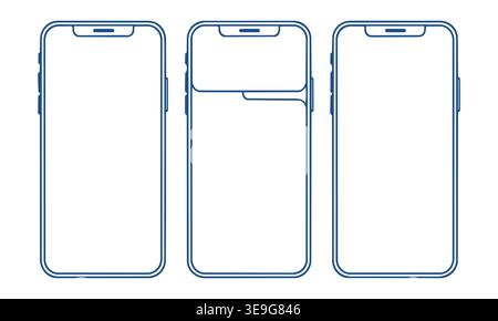 Minimalistisches blaues Smartphone-Outline-Vektor-Mockup-Set, Handy-Line-Art-Symbole mit leeren Bildschirmen für UI-Design Stock Vektor