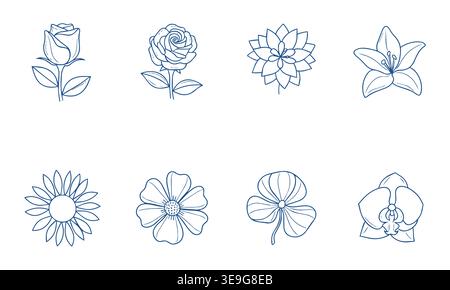 Minimalistisches Blue Flower Line Art Vector Set, Rose, Lilie, Orchidee & Klee Icons Stock Vektor