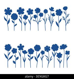 Minimalistische Blaue Wildflower Silhouette Vector Collection, einfarbiger Blumenrand und botanische Pflanzenelemente Stock Vektor