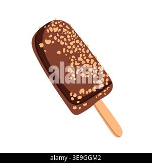 Schokoladen-Eis-Bar mit Nussglasur auf einem Stock, knuspriges gefrorenes Dessert, süße Sommerverwöhnung, flache Vektor-Illustration lokalisiert auf weißem Hintergrund. Stock Vektor