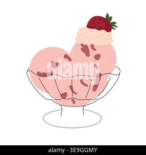 Erdbeereis in einer Glasschale mit Schlagsahne und frischen Beeren, süßes gefrorenes Dessert, Sommerverwöhnung, flache Vektor-Illustration isoliert Stock Vektor