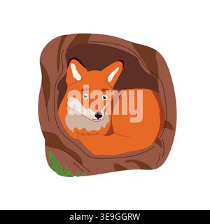 Niedlicher Fuchs in einer Baumhöhle, entzückender Zeichentrick Waldtier Charakter, Waldfauna Illustration, Kinderdesign, flacher Vektor isoliert Stock Vektor