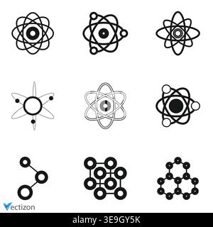 React- und Atom-Logos sowie Nuclear- und Ionenvektoren in Schwarz und weiß Stock Vektor