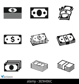 Banknotengeld-Symbolsatz, Vektor-Illustration. Stock Vektor