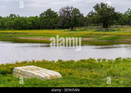 Idyllischer Blick auf die Landschaft in Llano, Texas Hill Country mit Flussufern, die mit kleinen gelben Blumen bedeckt sind. Ein umgekipptes Boot sitzt auf dem Gras. Stockfoto