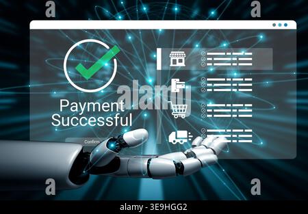 Eine Roboterhand interagiert mit einer digitalen Schnittstelle, die eine erfolgreiche Zahlungsbenachrichtigung anzeigt, mit Einkaufssymbolen, die den modernen E-Commerce repräsentieren Stockfoto