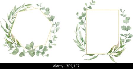 Eukalyptusrahmen mit goldenen geometrischen Rahmen. Handgemalter botanischer Grünkranz und Rechteck für Hochzeitseinladungen und Karten. Stock Vektor
