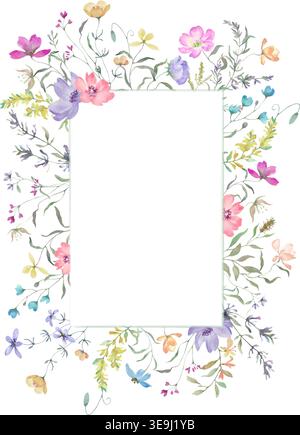 Blumenrahmen in Aquarellfarben mit farbenfrohen, skurrilen Wildblumen, handgemalter rechteckiger botanischer Rand für Hochzeitseinladungen. Vektor-EPS. Stock Vektor