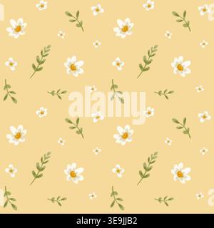 Nahtloses Muster mit weißen Blumen und grünen Blättern auf beigefarbenem Hintergrund. Aquarellabbildung. Stockfoto