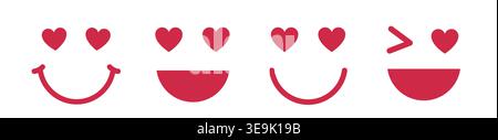 Set mit Smiley-Emoji-Symbolen zum Valentinstag. Nettes lächelndes Gesicht mit Herzaugen flache Vektor-Illustration. Rote Silhouette. Stock Vektor