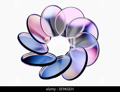Abstrakte kreisförmige Glaslinse Pastellfarbe blau rosa reflektierende Oberfläche modernes Design Minimal Art 3D-Rendering abstraktes Kreisglas Stockfoto