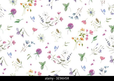 Aquarellflorales nahtloses Muster mit Wildblumen, Klee, Grün. Sommer Hand gezeichnet Botanischer Wiederholungshintergrund für Stoff. Vektor-EPS. Stock Vektor