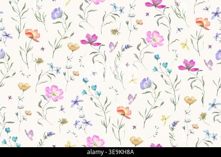 Aquarellflorales nahtloses Muster mit Blau, Rosa, Wildblumen, Grün auf Creme. Handgemalter botanischer Hintergrund für Stoffdesign. Vektor. Stock Vektor