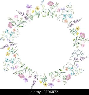 Blumenkranz mit Wildblumen, grünen Blättern. Handgemalte botanische Illustration für Hochzeitsdesign, Einladungen. Vektor-EPS. Stock Vektor