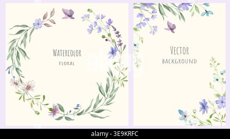 Wildblumenrahmen in Aquarellfarben mit rundem Blumenkranz, Schmetterlingen und Eckrand. Handgemalte botanische Illustrationen für Hochzeitspapiere Stock Vektor