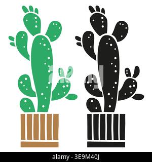 Opuntia Zimmerpflanze im Topf, mit bunten und schwarzen Silhouettenstilen gesetzt, moderne tropische Innenpflanze stilisierte Vektorillustration isoliert auf weiß Stock Vektor