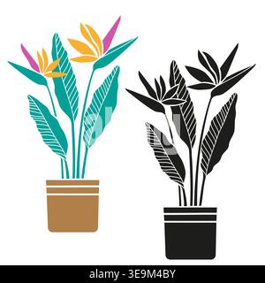 Zimmerpflanze Paradiesvogel Blume Strelitzia Zimmerpflanze im Topf, mit farbenfrohen und schwarzen Silhouettenstilen besetzt, moderne tropische Innenpflanze im Stil Stock Vektor