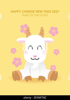 Vertikales Jahr der Postervorlage der Ziege. Lunar New Year 2027 Grußkartenschablone mit einer niedlichen Tierkreisziege im Cartoon-Stil. Stock Vektor
