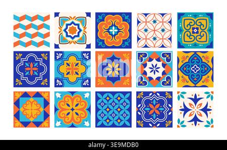 Traditionelle portugiesische Azulejo-Kollektion mit Fliesenmustern. Farbenfrohes mediterranes Keramikset. Marokkanische dekorative Elemente und Vektorillustrationen. Stock Vektor