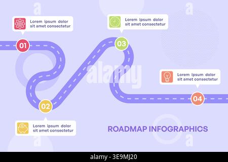 Geschwungene Business Roadmap mit vier bunten Schritten auf heller Hintergrund Vektor-Illustration Stock Vektor