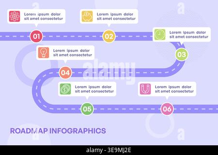Bunte 6-stufige Zigzag-Roadmap-Infografik mit Symbolen Vektor-Illustration Stock Vektor