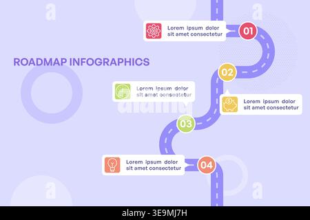 Spiral-Infografik-Pfad mit vierfarbigen Symbolen und vertikaler Vektorillustration Stock Vektor