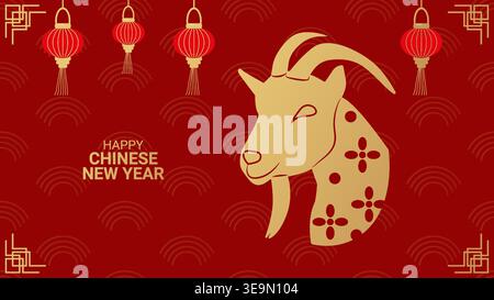 Festliche Grußkarte mit 2027-jährigem Ziegendesign mit chinesischem Element. Geeignet für Weihnachtsgrüße, Marketing in sozialen Medien und Webbanner. Vektorabbildung. Stock Vektor