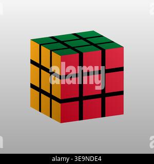 Rubiks Würfel mit rotem, grünem, schwarzem und gelbem Muster. 3D Kombination Puzzle Spiel Vektor Illustration. Stock Vektor