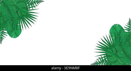 Tropische Eckkante mit Palmenblättern und Monstera-Laub. Grüner botanischer Rahmen mit Kopierraum. Exotisches Designelement für Hochzeitseinladungen oder -s Stock Vektor