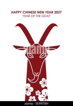 Minimalistisches Sternzeichen-Ziegenposter mit Pflaumenblüten-Muster. Vorlage für die vertikale Grußkarte Year of the Goat 2027. Stock Vektor