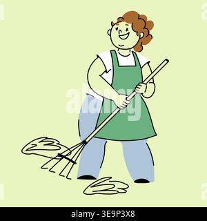 Lächelnde Frau, die Blätter im Garten-Doodle-Illustration einer Umrissfigur in Frühlingsgrün-Farben harkt Stock Vektor