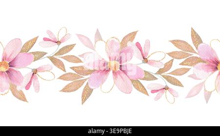 Nahtlos wiederholter Blumenrand mit rosafarbenen Blüten und Blättern. Botanisches horizontales Muster. Handgezeichnete Ästhetik. Stockfoto