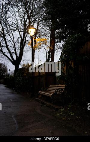 Eine ruhige abendliche Parkszene mit einer Vintage-Bank, die von einer leuchtenden Straßenlaterne beleuchtet wird. Das warme Licht bildet einen schönen Kontrast zu den umgebenden s Stockfoto