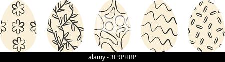 Sammlung von Ostereiern mit verschiedenen minimalistischen schwarzen Tintenornamenten auf beigefarbenem Hintergrund. Dekorative Vektor-Set mit Blumen und Blättern und Herzen für Stock Vektor