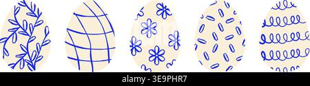 Sammlung von Ostereiern mit verschiedenen minimalistischen blauen Tintenornamenten auf beigefarbenem Hintergrund. Dekorative Vektor-Set mit Blumen und Blättern und Herzen für Stock Vektor