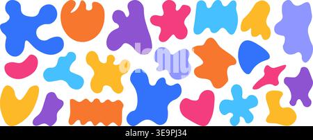 Set aus großen bunten abstrakten Blob-Formen in Blau, Orange, Lila, Pink, Gelb. Verspielte Kollektion für Kinderprojekte, lustiges Branding, Aufkleber, Poster A Stock Vektor