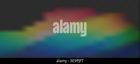 Regenbogenfarbene Rauchwolke mit weicher Farbverlaufsstruktur auf dunklem Hintergrund. Abstrakter, lebendiger, mehrfarbiger Nebel und nebeliger Lichtaustritt für kreative cinemat Stock Vektor