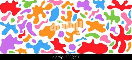Set aus lebendigem Blob mit dichten bunten Amöbenformen in Orange, Rot, Blau und Lila. Energiegeladene, moderne Texturen für Festivalplakate und Partyeinladungen Stock Vektor