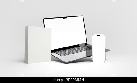 Leerer Laptop-Bildschirm, Mobiltelefon und Software-Produktbox für Digital Branding und Marketing Mockup. Hochauflösendes 8k, 3D-Rendering. Stockfoto