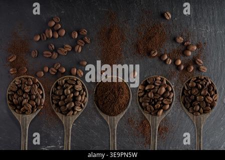 Stillleben mit Kaffeebohnen und gemahlenem Kaffee in Holzlöffeln auf Schiefergrund Stockfoto
