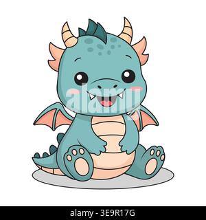 Bezaubernder blauer Drache sitzend mit winzigen Flügeln und scharfen Hörnern Zeichentrickfigur Illustration Stock Vektor