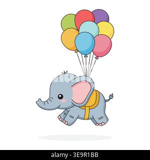 Entzückender Baby-Elefant, der mit bunten Ballons fliegt Gruppe professionelle Vektor-Illustration Stock Vektor