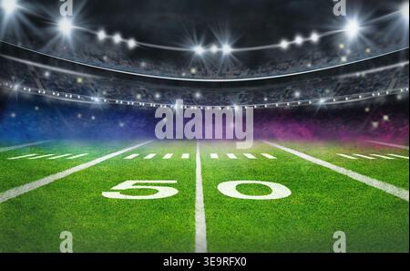 Green Field im american Football Stadion. Bereit für das Spiel im Mittelfeld Stockfoto