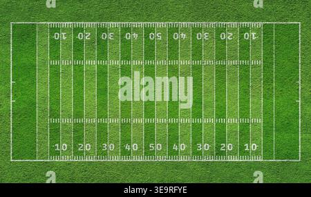 Green Field im american Football Stadion. Bereit für das Spiel im Mittelfeld Stockfoto