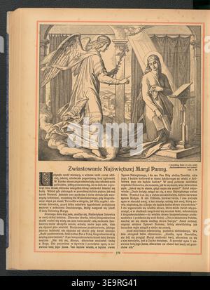 Pismo święte W obrazach (1931) war eine illustrierte polnische Bibel, die Ereignisse aus dem Alten und Neuen Testament darstellte, die in Poznań von Józef i Instytut Sztuk Pięknych mit Illustrationen von Księgarnia Kos (1870–1938) veröffentlicht wurde. Das Archivbild zeichnet eine Seite aus diesem Werk als historischen Fotodruck auf. Stockfoto