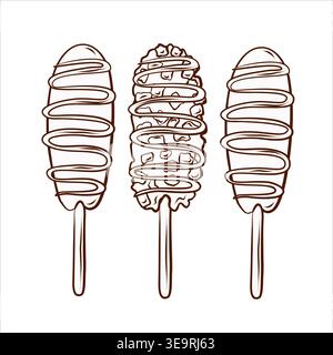 Set für Maishunde. Vektorillustration in sauberem, handgezeichnetem Linienstil. Street Food Snack Kollektion für Fast Food Menüs, Festivalplakate, zum Mitnehmen Stock Vektor